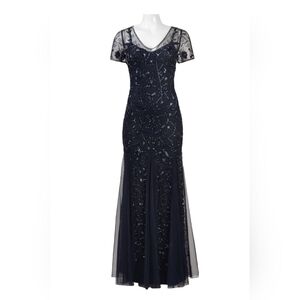 ADRIANNA PAPELL V-NECK SHORT SLEEVE ZIPPER BACK EMBELLISHED MESH DRESS